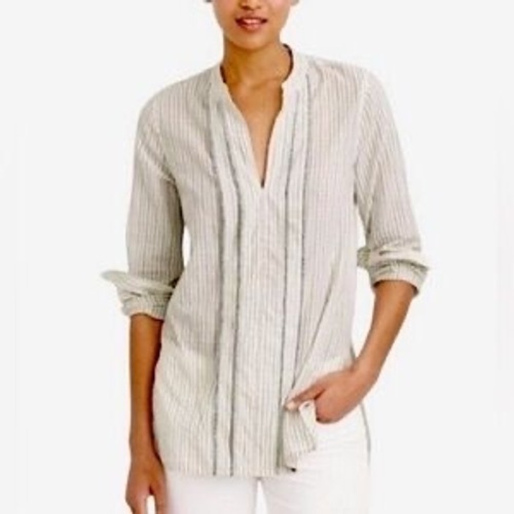 J.Crew Blouse White Blue Striped‎ Henley Tunic C1399 / Womens Size 0